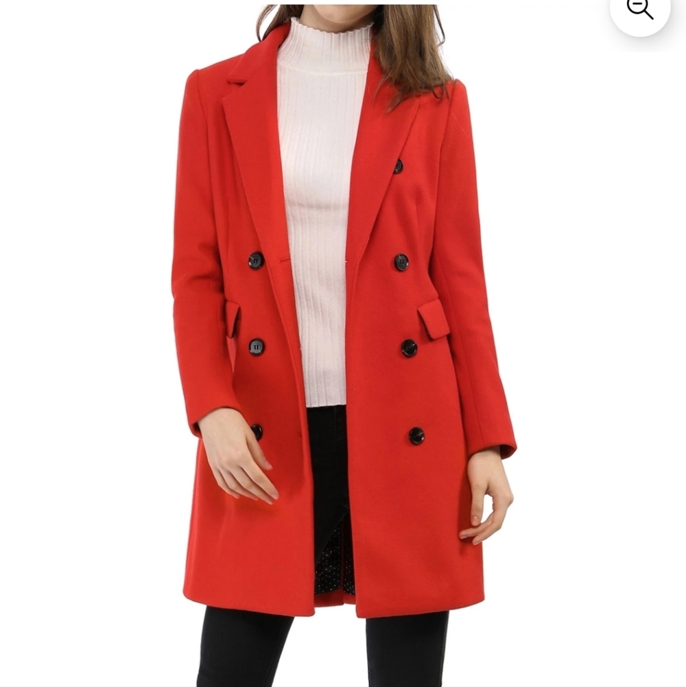 Allegria K. Red Notched Lapel Double Breasted Longline Lightweight Pea Coat